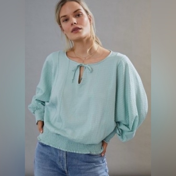 Anthropologie Rebecca Long Sleeve Smocked Waist Peasant Top Mint Green Sz L (j6) - Picture 1 of 11